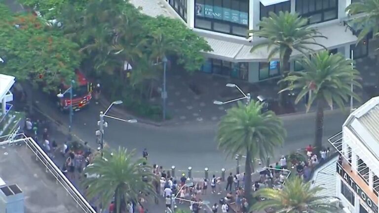 A blast underground created a gaping hole at Cavill Avenue’s corner in Surfers Paradise.