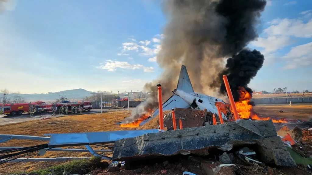 Trendsnip Firefighters conduct extinguishing operations on an aircraft that veered off the runway at Muan International Airport in Muan, South Jeolla Province, South Korea, on December 29, 2024. (Photo by Yonhap)