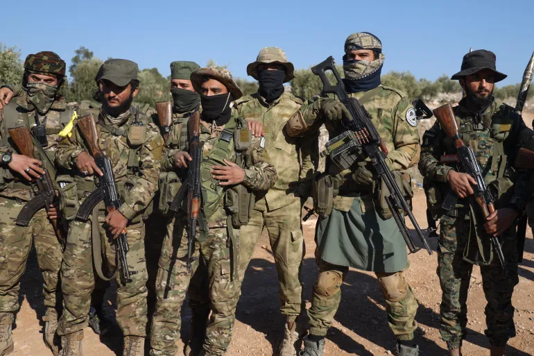 Syrian opposition fighters entered the village of Anjara, located on the western outskirts of Aleppo, on November 28, 2024. Hayat Tahrir al-Sham