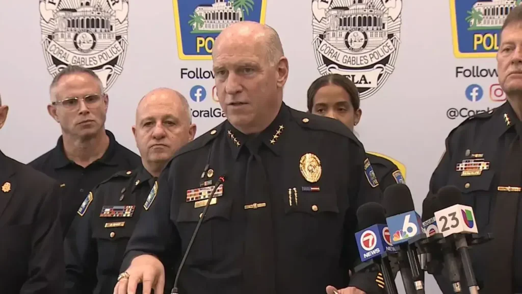 Trendsnip Coral Gables Police Chief Edward James Hudak Jr. addresses reporters about migrants found in a U-Haul.