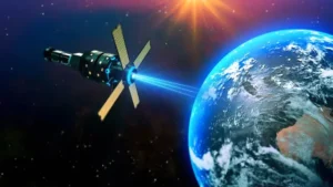 Trendsnip Realistic satellite station sending data to Earth, with a futuristic backdrop.