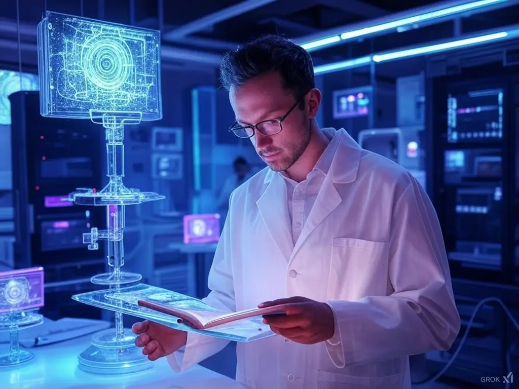 futuristic laboratory scene that visualizes the fusion of quantum computing and AI in the discovery of innovative photochromic materials