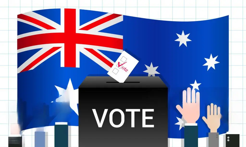 Vibrant illustration of Australians at a polling booth with Australian flags and ballot boxes, capturing the democratic spirit of the 2025 Federal Election.