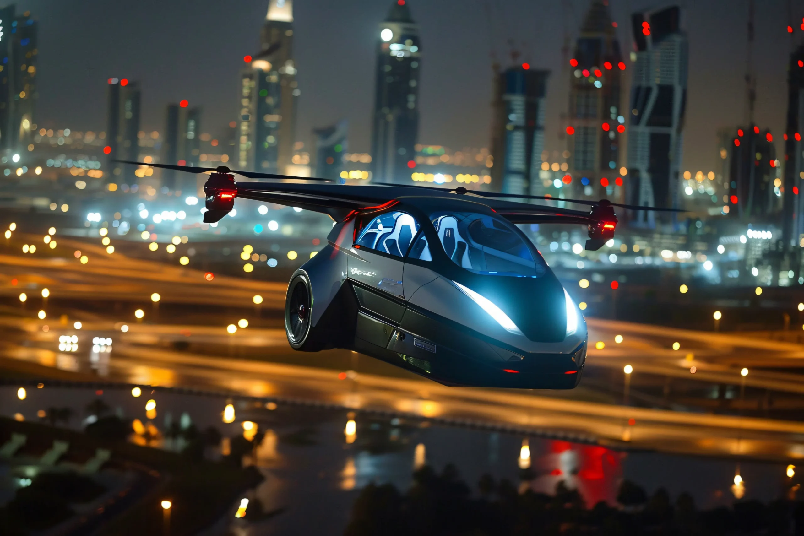 Trendsnip A Joby electric air taxi flying over a city skyline.